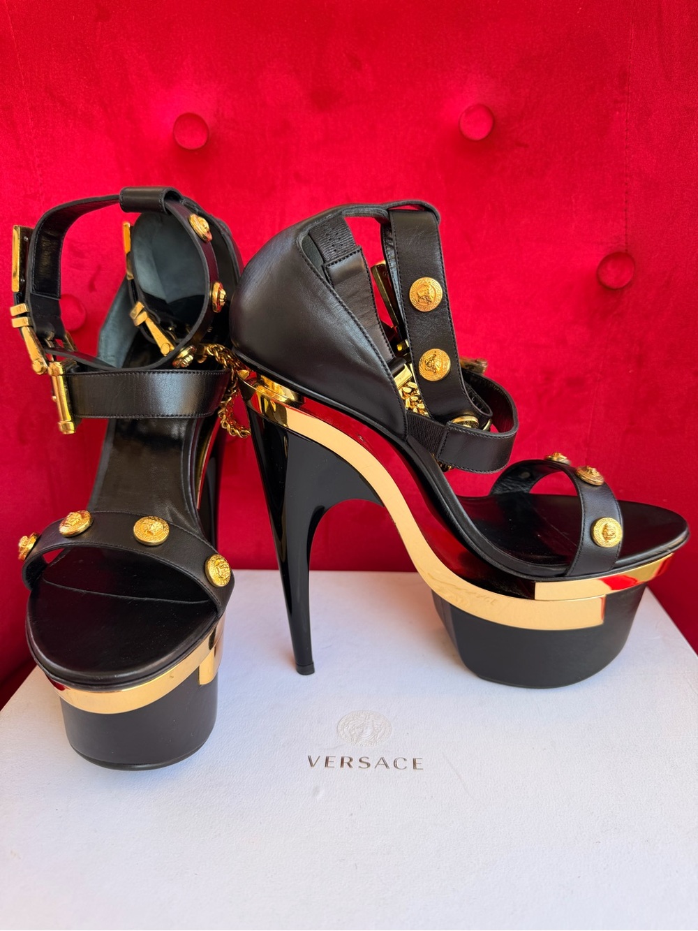 Versace Black and Gold Leather  Triple Platform Medusa size 7.5/8 US